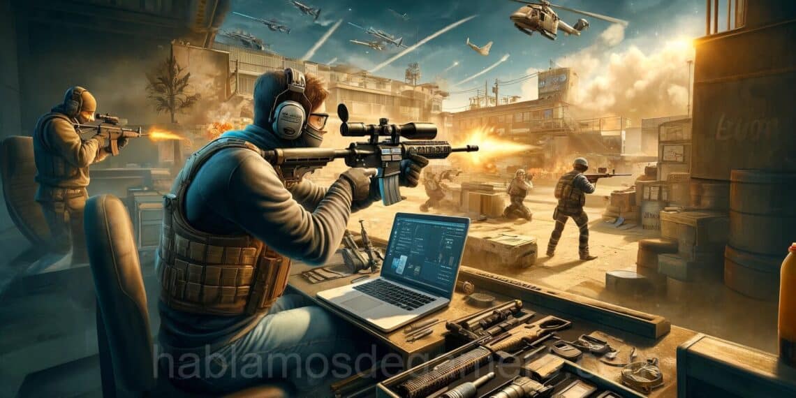 The image shows a realistic CS:GO battlefield with players in tactical gear engaged in combat. One player aims through a scope while others fire rifles amidst explosions. The foreground features a laptop with strategic plans and various weapons, highlighting the strategic nature of CS:GO gameplay.