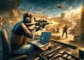 La imagen muestra un campo de batalla realista de CS:GO con jugadores con equipo táctico en combate. Un jugador apunta a través de una mira mientras otros disparan rifles en medio de explosiones. En primer plano aparece una computadora portátil con planes estratégicos y varias armas, resaltando la naturaleza estratégica del juego CS:GO.