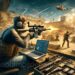 La imagen muestra un campo de batalla realista de CS:GO con jugadores con equipo táctico en combate. Un jugador apunta a través de una mira mientras otros disparan rifles en medio de explosiones. En primer plano aparece una computadora portátil con planes estratégicos y varias armas, resaltando la naturaleza estratégica del juego CS:GO.