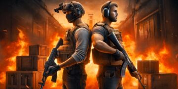 Two soldiers standing, back to back, each with a rifle in their hands, prepared for combat. Both wear tactical vests and hearing protection. The scene is framed by a burning urban environment, with wooden boxes stacked around, suggesting a war environment or a video game setting like CS2. The image conveys tension and intense action in a chaotic and dangerous environment.