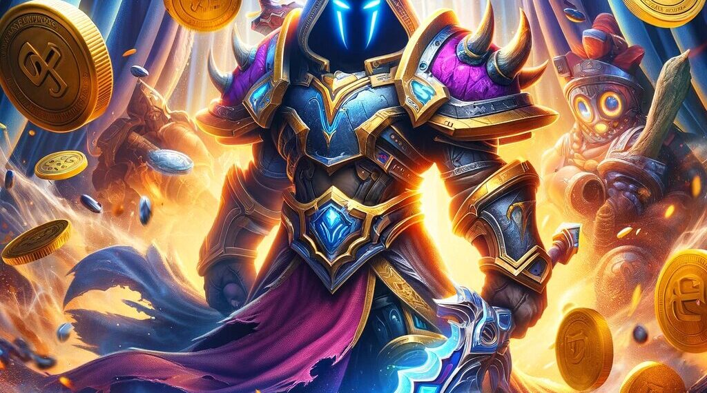 A hero from Warcraft 3, clad in detailed armor and holding a glowing weapon, stands amidst falling coins and betting symbols. The vibrant lighting and dynamic effects highlight the excitement and action of betting in the Warcraft 3 universe.