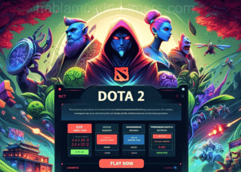 This image shows a dynamic Dota 2 betting site with heroes in the background, live match displays, betting options, and a "PLAY NOW" button, offering a sleek and modern user experience.