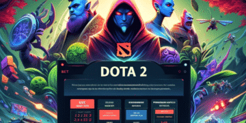 Esta imagen muestra un sitio de apuestas dinámico de Dota 2 con héroes de fondo, pantallas de partidos en vivo, opciones de apuestas y un botón "JUGAR AHORA", que ofrece una experiencia de usuario elegante y moderna.