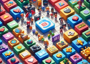 Colorful digital playground with various game icons and miniature characters, representing fun unblocked games that can be played at school for entertainment.