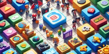 Colorful digital playground with various game icons and miniature characters, representing fun unblocked games that can be played at school for entertainment.