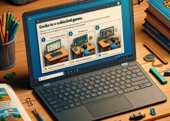 Laptop on a school desk displaying a step-by-step guide on how to access unblocked games on a Chromebook, surrounded by school supplies, books, and stationery.