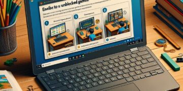 Laptop on a school desk displaying a step-by-step guide on how to access unblocked games on a Chromebook, surrounded by school supplies, books, and stationery.