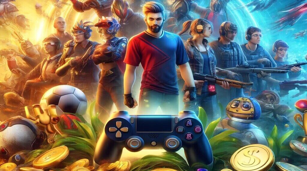Esta imagem vibrante apresenta personagens de um jogo de esportes eletrônicos, cercados por itens como controladores de jogo, moedas e troféus. Ilustra a emoção dos bônus de apostas esportivas.