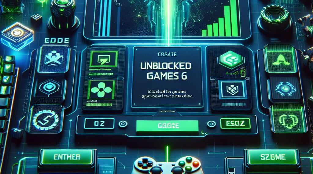 An image depicting the concept of 'Unblocked 66 Games' with a futuristic and digital theme. The central focus is a high-tech gaming interface featuring holographic elements, icons, and a gaming controller.hablamosdegamers.com