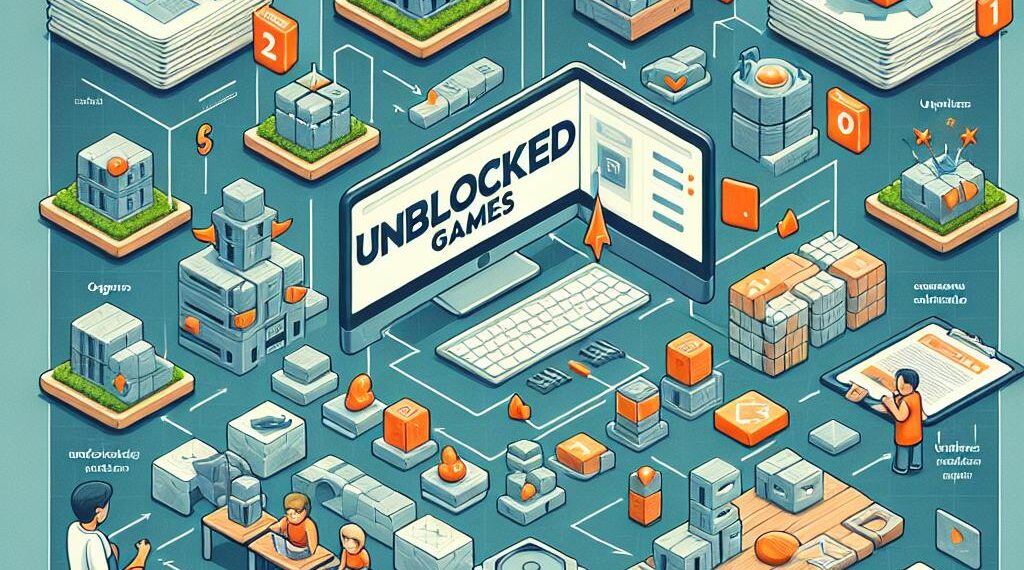 Illustrated guide on creating an unblocked games website, featuring a central screen, game design, development, and hosting elements in a structured layout.