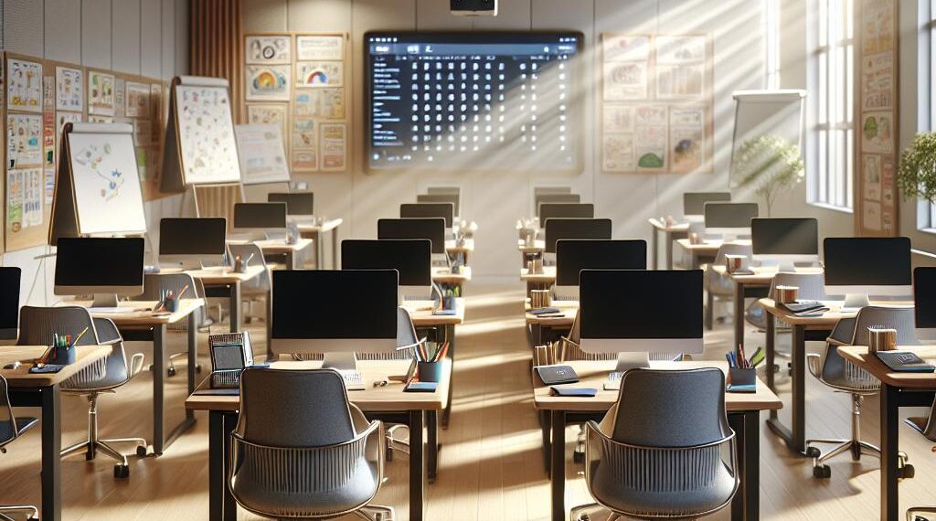 A modern classroom setup with rows of computers and interactive screens, representing the advanced learning environment of Classroom 6x. hablamosdegamers.com