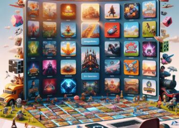 "Large gaming setup with a curved screen displaying various unblocked game icons, a board game-style desk, and miniature characters, representing Unblocked Games 66