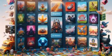 "Large gaming setup with a curved screen displaying various unblocked game icons, a board game-style desk, and miniature characters, representing Unblocked Games 66