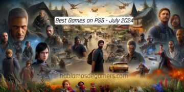 Realistic image of iconic characters from top PS5 games of July 2024, including Joel and Ellie from The Last of Us, with diverse settings such as battlefields and racing tracks.