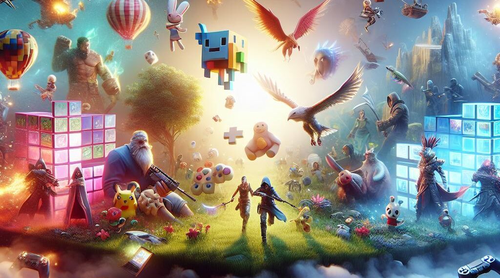 A vibrant and fantastical image depicting a variety of characters and elements from different games floating above the clouds under the theme "6x Unblocked Games." hablamosdegamers.com