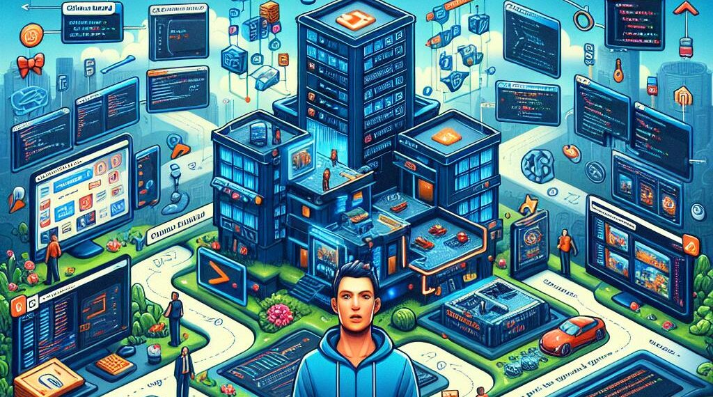Illustration of a person standing in front of a futuristic digital city filled with website-building elements, coding interfaces, and gaming icons, representing the process of creating an unblocked games website in 2024.