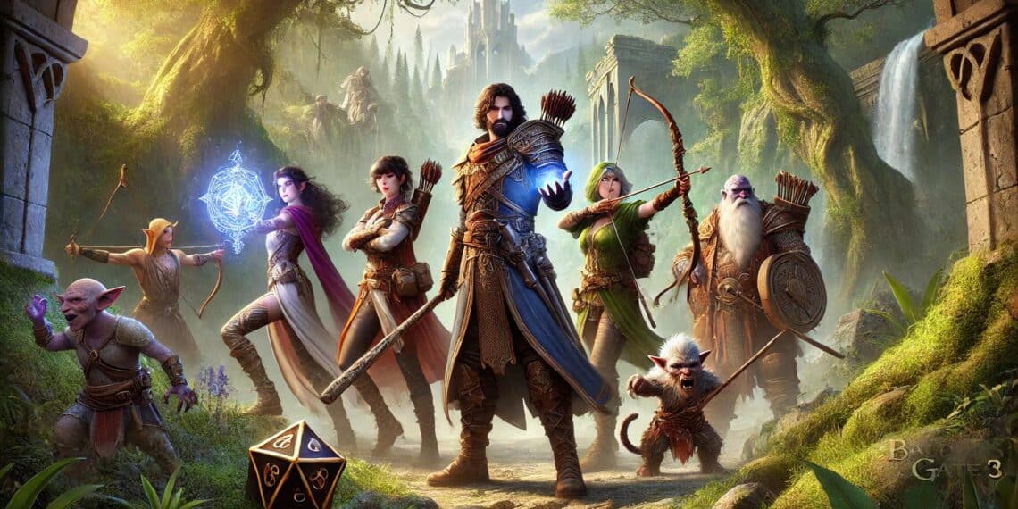 Un grupo de diversos aventureros en Baldur's Gate 3 multijugador, incluyendo un mago humano, un guerrero enano, un ranger elfo y un pícaro tiefling, en un frondoso bosque con ruinas antiguas, listos para una búsqueda épica.