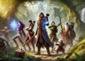 A group of diverse adventurers in Baldur's Gate 3 multiplayer, including a human wizard, dwarf warrior, elf ranger, and tiefling rogue, in a lush forest with ancient ruins, ready for an epic quest.