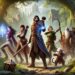 Um grupo de aventureiros diversos no modo multijogador de Baldur's Gate 3, incluindo um mago humano, um guerreiro anão, um elfo ranger e um ladino tiefling, numa floresta luxuriante com ruínas antigas, prontos para uma missão épica.