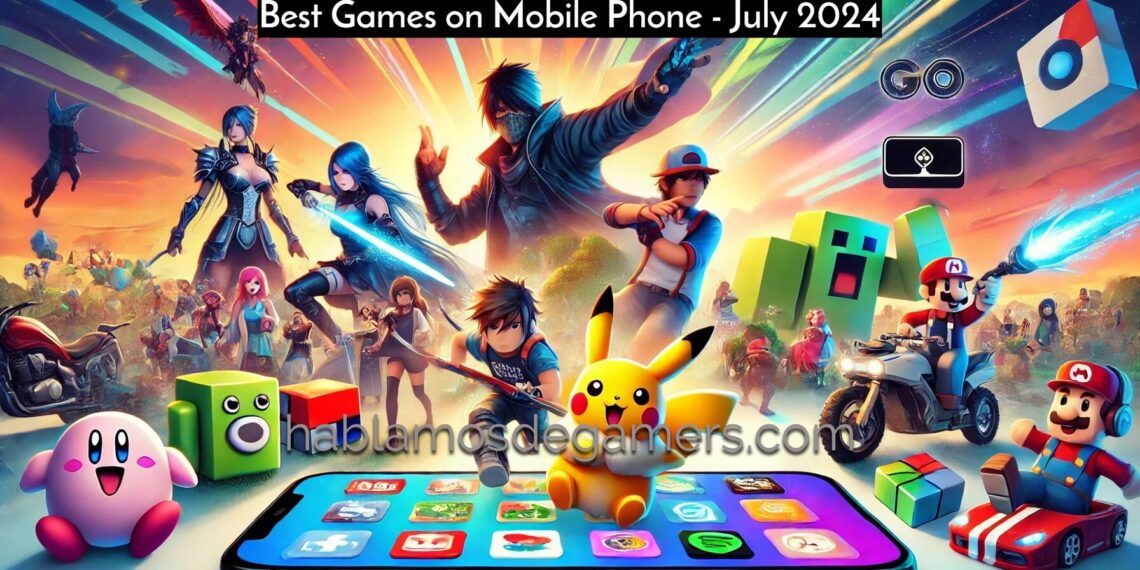 Colorful collage of Best Games on Mobile Phone like Genshin Impact, Among Us, Roblox, Clash of Clans, Candy Crush, Pokémon GO, Fortnite, and Minecraft, showcasing vibrant visuals.