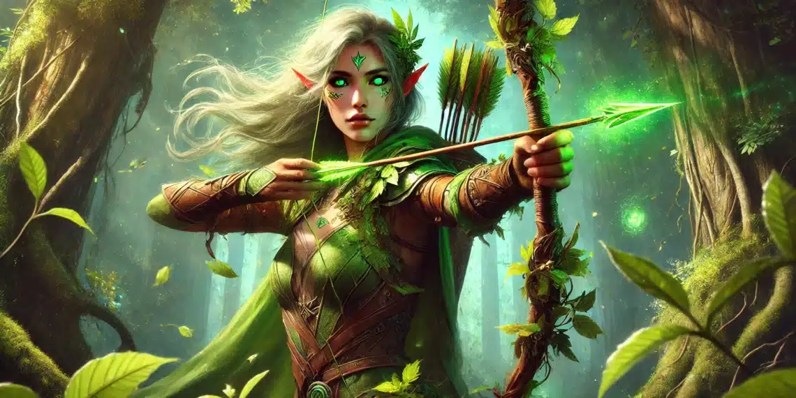 Um arqueiro élfico heroico de Elden Ring com olhos e orelhas verdes brilhantes, pronto para disparar uma flecha encantada numa floresta mística.
