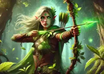 Un heroico arquero elfo de Elden Ring con ojos y orejas verdes brillantes, preparado para disparar una flecha encantada en un bosque místico.