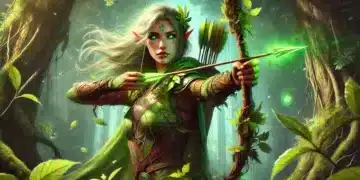 A heroic Elven archer from Elden Ring with glowing green eyes and ears, poised to shoot an enchanted arrow in a mystical forest.
