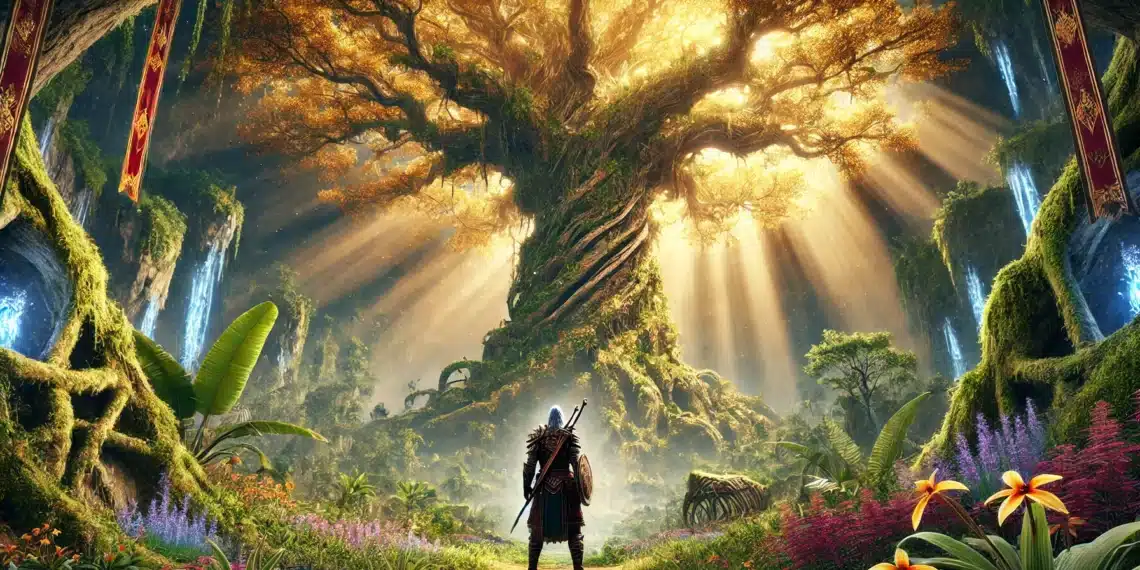 Um guerreiro com armadura está diante de uma árvore enorme e brilhante numa paisagem exuberante e mística com cascatas e flores vibrantes.