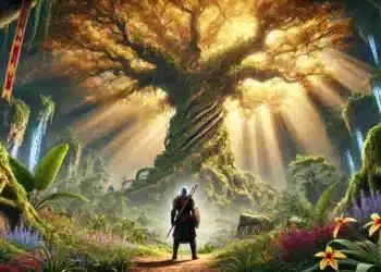An armored warrior stands before a massive, glowing tree in a lush, mystical landscape with waterfalls and vibrant flowers.
