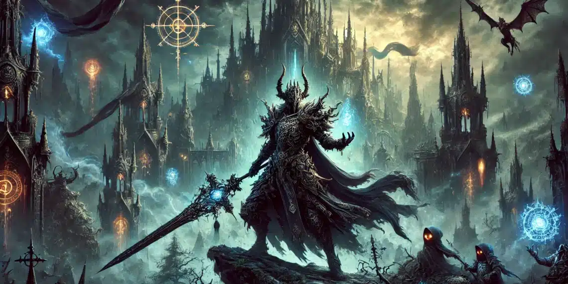 Featuring a formidable armored figure with a glowing sword amidst towering, spiked castles, glowing runes, and an ominous sky with a flying dragon.