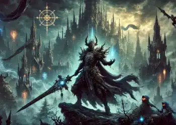Featuring a formidable armored figure with a glowing sword amidst towering, spiked castles, glowing runes, and an ominous sky with a flying dragon.