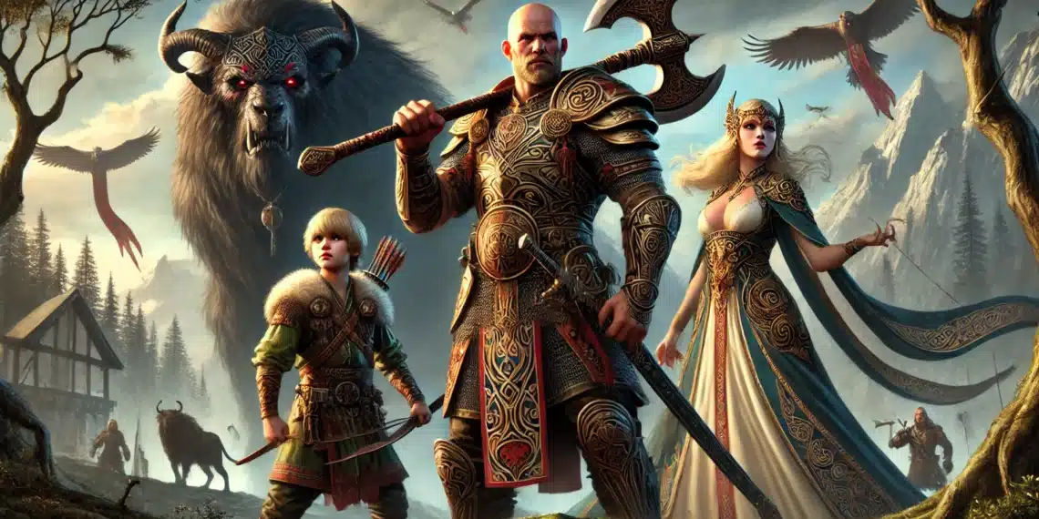 Kratos, Atreus y una poderosa guerrera están listos para la batalla, acompañados por una bestia colosal y criaturas míticas en 'God of War: Ragnarok'.