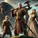Kratos, Atreus y una poderosa guerrera están listos para la batalla, acompañados por una bestia colosal y criaturas míticas en 'God of War: Ragnarok'.