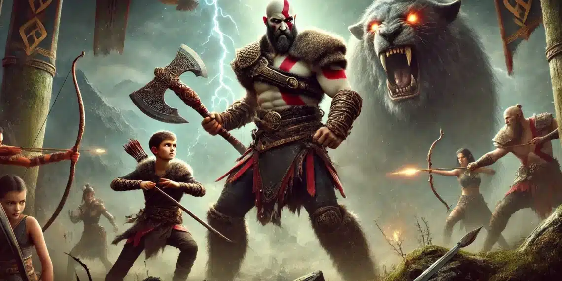 Una escena de "God of War: Ragnarok" que muestra a Kratos, un guerrero musculoso con un tatuaje rojo, empuñando un hacha. Está rodeado de aliados y de un lobo gigante y feroz con ojos brillantes en un escenario dramático inspirado en la mitología nórdica.