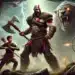 Uma cena de "God of War: Ragnarok" retratando Kratos, um guerreiro musculoso com uma tatuagem vermelha, empunhando um machado. Ele está cercado por aliados e por um lobo gigante e feroz com olhos brilhantes em um cenário dramático inspirado na mitologia nórdica.