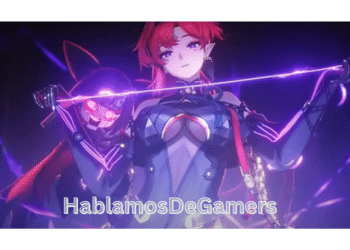 An anime character with red hair and a dark outfit holding a glowing string, with a shadowy figure in the background.