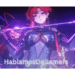 An anime character with red hair and a dark outfit holding a glowing string, with a shadowy figure in the background.