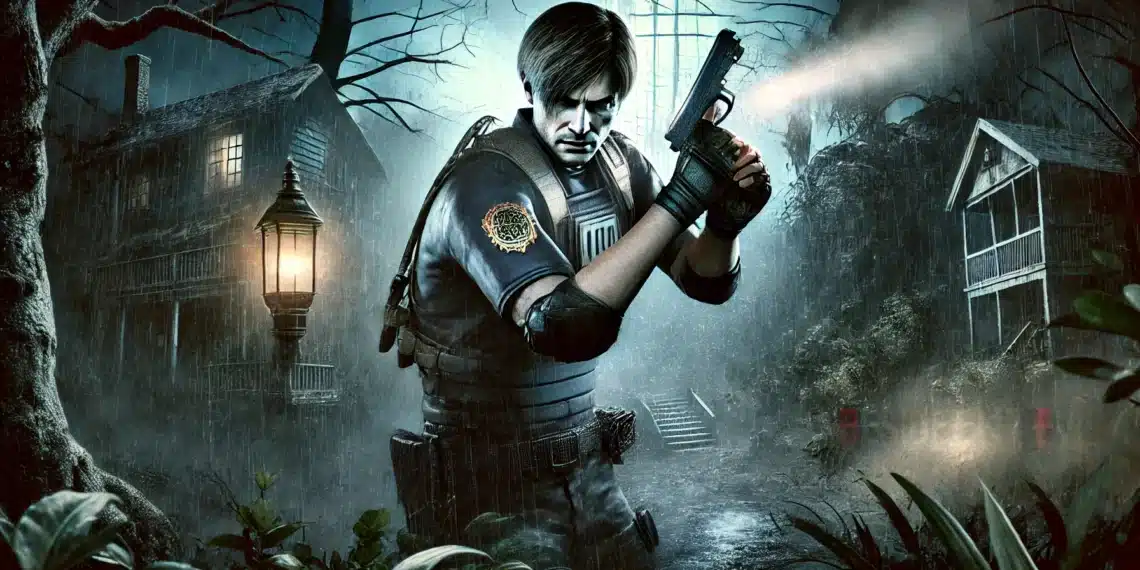 Leon S. Kennedy stands alert in a foggy, eerie village, ready with his gun drawn. The scene is dark and foreboding, with old houses and trees surrounding him, setting a tense atmosphere.