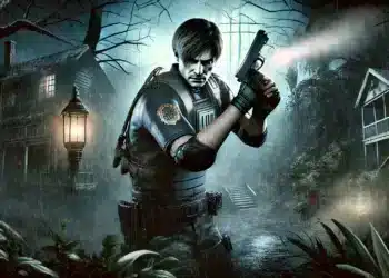 Leon S. Kennedy está alerta numa aldeia enevoada e misteriosa, pronto a sacar da arma. O cenário é sombrio e agourento, com casas antigas e árvores a rodeá-lo, criando uma atmosfera tensa.