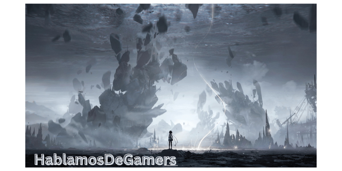 A lone figure stands in a surreal landscape with floating rocks and futuristic structures, text 'HablamosDeGamers' below.