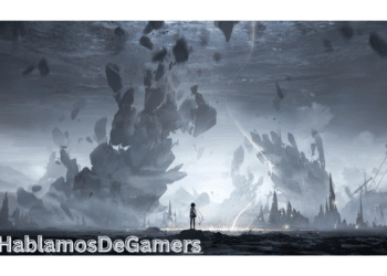 A lone figure stands in a surreal landscape with floating rocks and futuristic structures, text 'HablamosDeGamers' below.