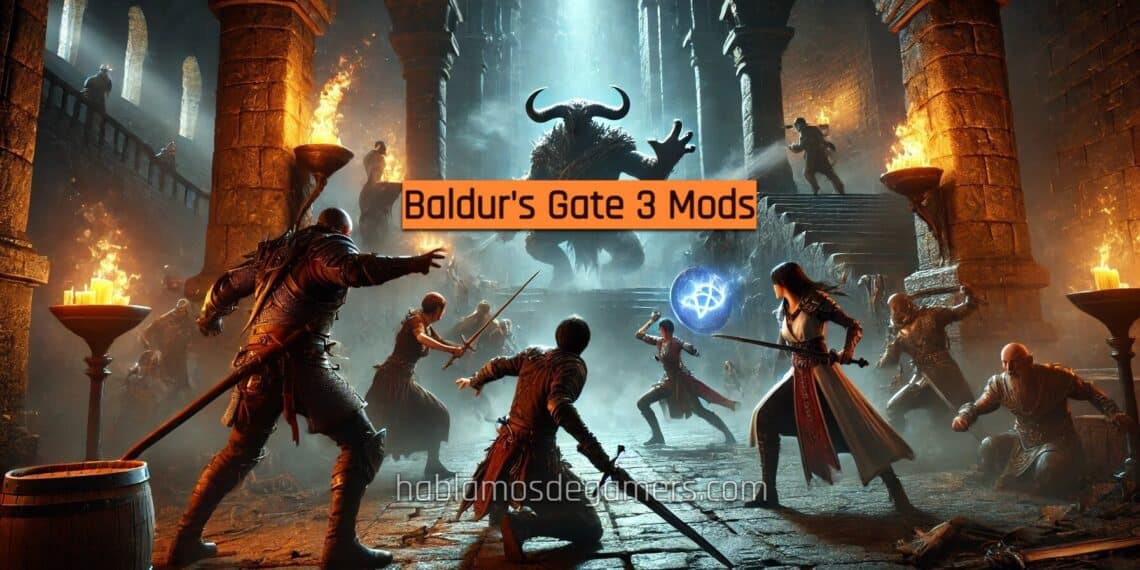 Explora as melhores Mods para Baldur's Gate 3: melhora a tua jogabilidade com estas escolhas de topo. Uma intensa cena de batalha de RPG de fantasia com vários personagens de diferentes raças e classes envolvidos em combate numa masmorra escura.