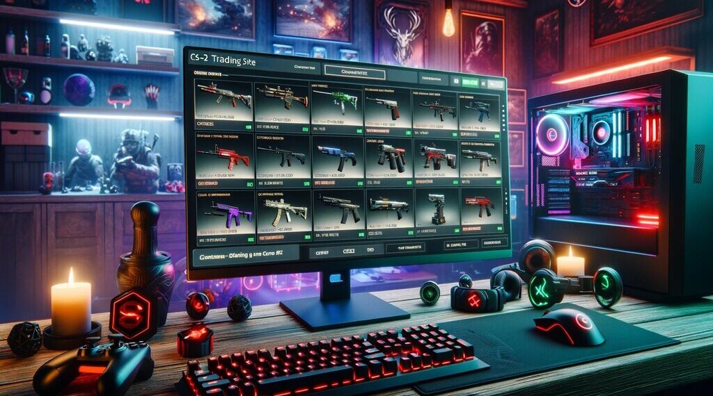 A detailed image of a CSGO and CS2 trading site on a high-end gaming PC. The screen displays tradeable items, including skins and weapons. The setup features RGB lighting, gaming peripherals, and themed decorations.