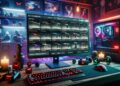 Imagem detalhada de um site de troca de CSGO e CS2 em um PC de alto desempenho. A tela exibe itens trocáveis, como skins e armas. A configuração inclui iluminação RGB e decorações temáticas.