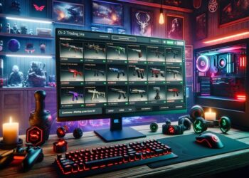 Imagem detalhada de um site de troca de CSGO e CS2 em um PC de alto desempenho. A tela exibe itens trocáveis, como skins e armas. A configuração inclui iluminação RGB e decorações temáticas.