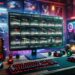 Imagem detalhada de um site de troca de CSGO e CS2 em um PC de alto desempenho. A tela exibe itens trocáveis, como skins e armas. A configuração inclui iluminação RGB e decorações temáticas.