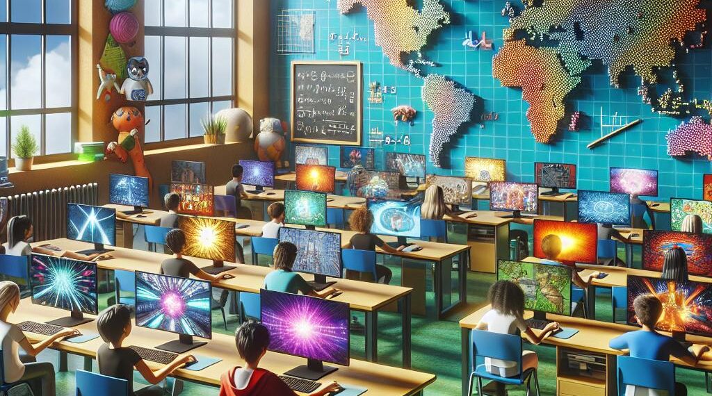 An image depicting a lively "Unblocked Games Classroom 6X" setting, where students are engaged in gaming on computers. hablamosdegamers.com