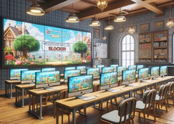 An image showcasing a modern classroom equipped with rows of computers, all displaying a game titled "Best Unblocked Games for School." hablamosdegamers.com