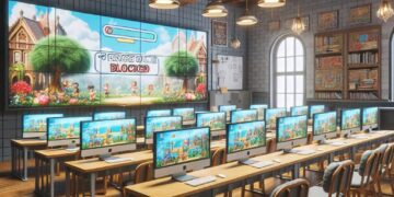 An image showcasing a modern classroom equipped with rows of computers, all displaying a game titled "Best Unblocked Games for School." hablamosdegamers.com