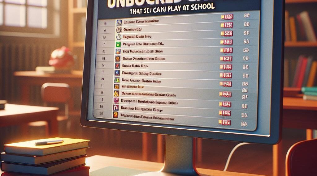 Computer screen in a school setting displaying a list of unblocked games that students can play, with a desk, books, and a keyboard in the foreground.